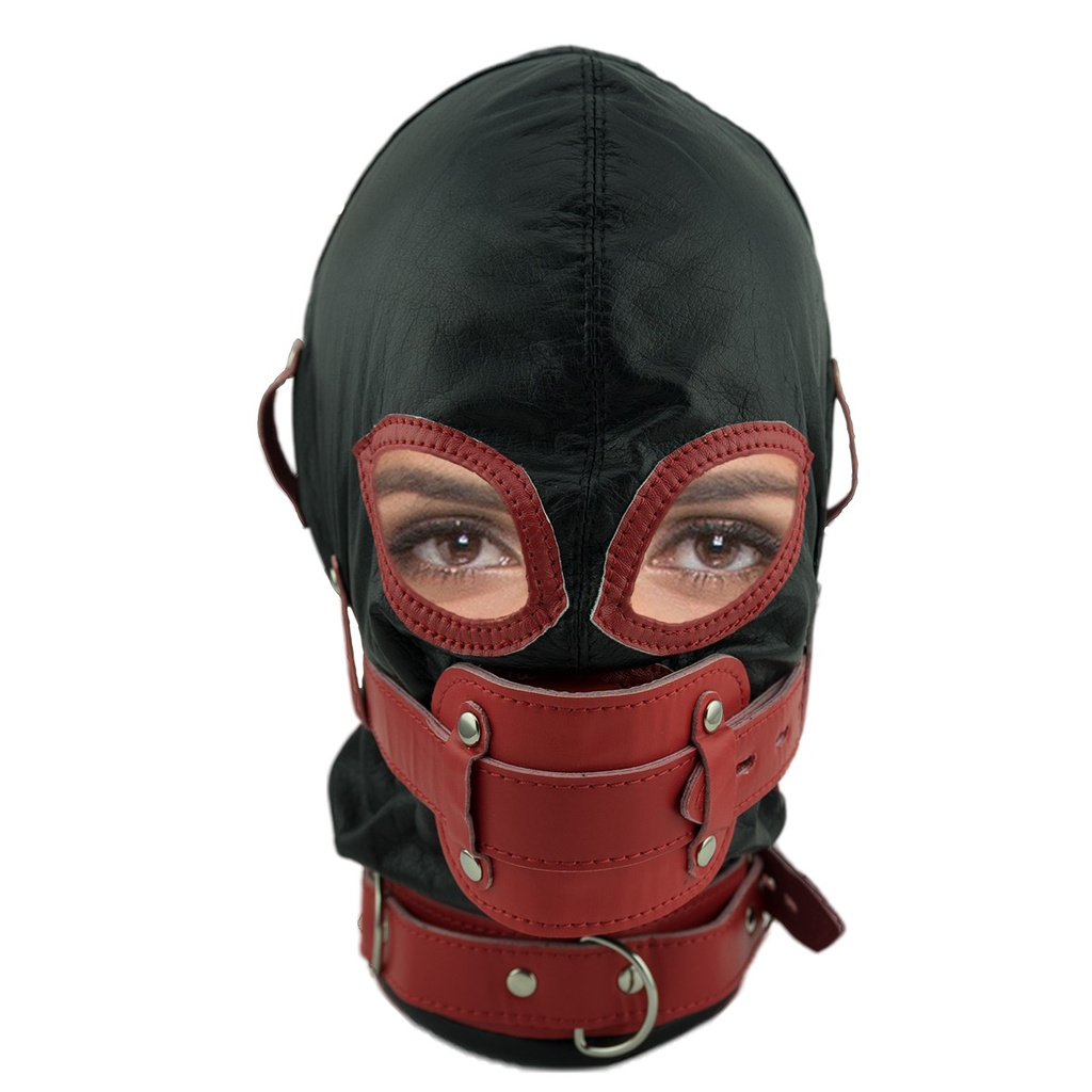 Leder Bondage Maske Maulkorb Face Harness BDSM in schwarz mit rotem Knebel abschließbar kaufen