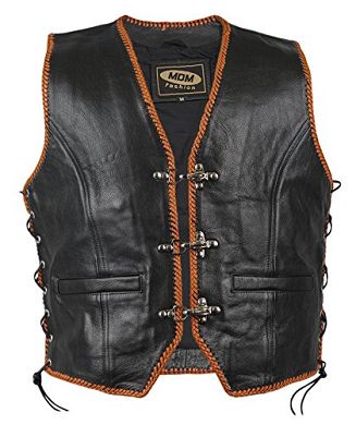 Rocker Weste mit orangen Kordeln. Bikerweste an den Seiten geschnürt. Motorrad Weste.