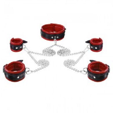 Leder Fesselset Rot mit 1,80 m Kette und 5 Karabinerhaken
