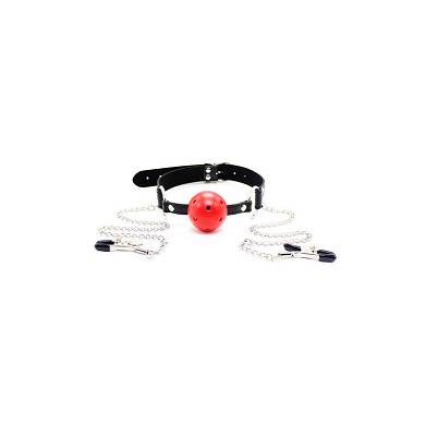 Mund Knebel Pvc Rot/ Mit Brustwarzenklemme Und Kette