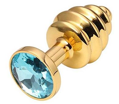 Extasialand Buttplug Analplug aus poliertem goldenem Edelstahl mit hellblauem Kristall - i