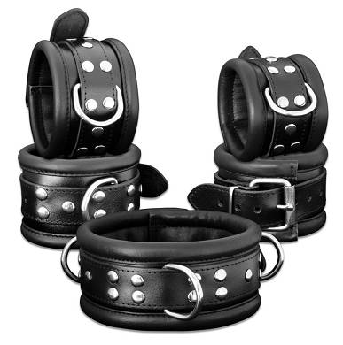 HQ Leder Arm Fuß Manschetten + Halsband Hand Fuß Fesseln Set schwarz gepolstert