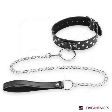 BDSM-Halsband mit Flachnieten, O-Ring & Leine