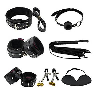 Paloqueth Bondage-Set mit Maske Halsfessel Handfesseln Peitsche Mundknebel Nippelklammern 