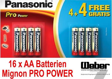 16 x Batterie AA Micro Panasonic Pro Power Alkaline LR6 Size M 1,5V MHD 1/2020