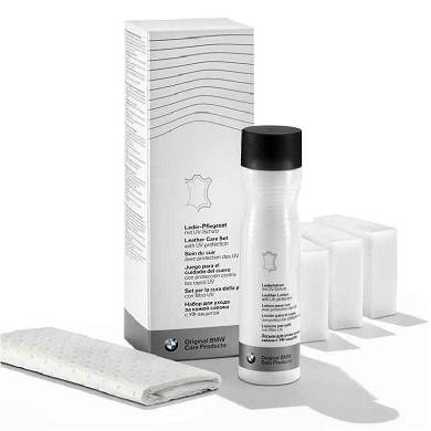 BMW Lederpflege Pflegemittel mit UV-Schutz = Lederlotion 250ml = 3 Schwämme Tuch