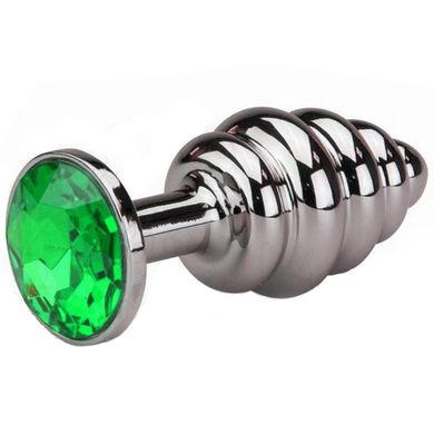  Buttplug Analplug polierter Edelstahl mit grnem Kristall - mit anregenden 4 Wlbungen 