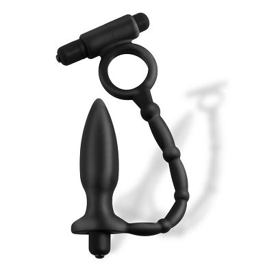Silikon Analplug mit Vibration und Vibropenisring - schwarz
