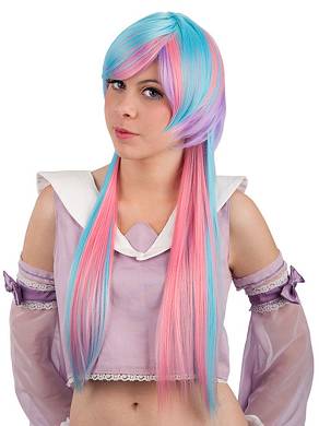 Extralange Manga Cosplay Perücke mit Pony rosa türkis