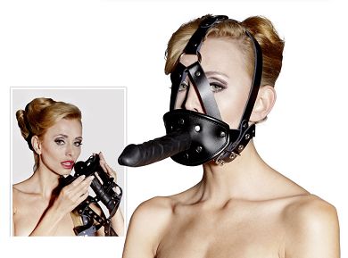 Leder Kopfgeschirr mit Knebel und Dildo v2