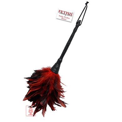 Federpuschel mit Kunstledergriff rot/schwarz