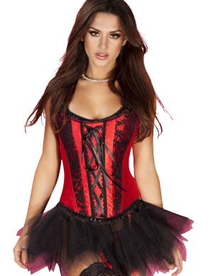 Burlesque Satin-Corsage mit Tüll und String aus Satin schwarz rot