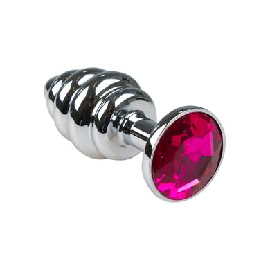 Geriffelter Buttplug aus Aluminium mit pinkfarbenem Kristall