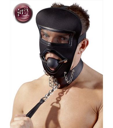 Kopfmaske mit Halsfessel + Knebel + Beiball + Leine in Schwarz