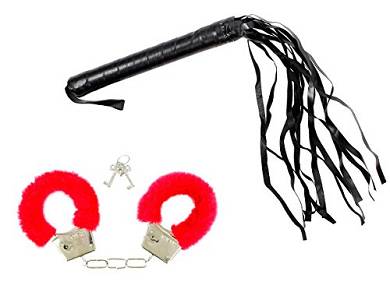 Alsino Kunstleder Peitsche + Plüsch Handschellen Erotik Set Cuffs Handfesseln PeHA-3