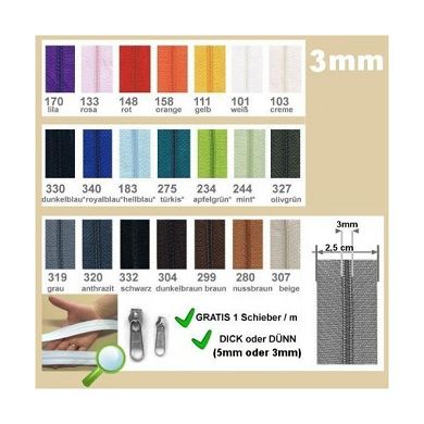 Endlos Reißverschluss Meterware 3mm + 1 Schieber pro Meter kostenlos. Farbe:101 wei&