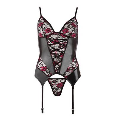 Wetlook Strapse-Top + String - Schwarz/Rot
