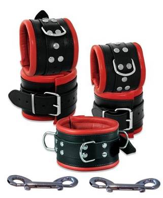 8cm breite Leder Arm Fuß Manschetten +Halsband Hand Fuß Fesseln Set rot