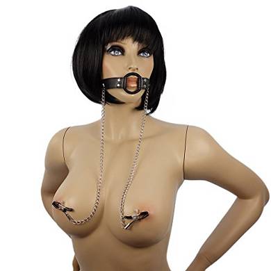 Mund Knebel #7130. Gagring-Knebel mit Nippelklemmen