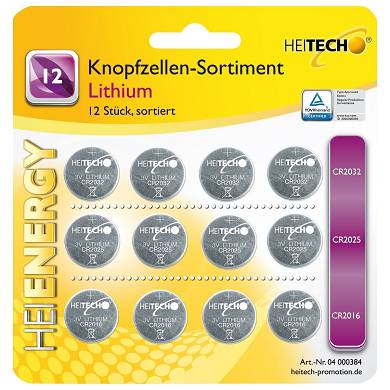Heitech Lithium Knopfzellen-Sortiment 12 tlg. - Knopfzellenset Batterien Set