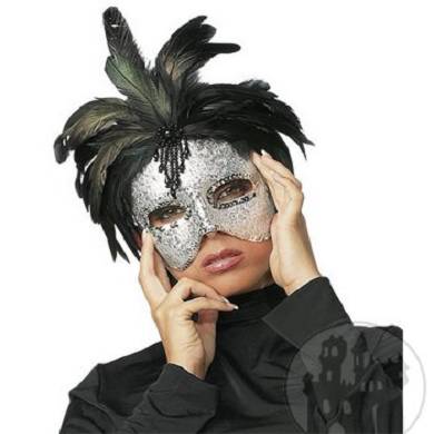 Maske silber mit Federbesatz