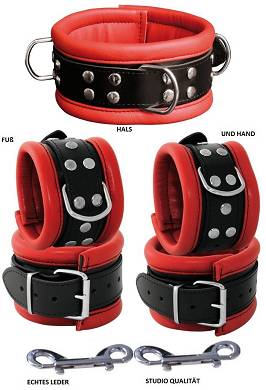 HQ Leder Arm Fuß Manschetten + Halsband Hand Fuß Fesseln Set rot gepolstert