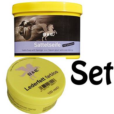 B & E Sattelseife mit Schwamm 250 ml + Lederfett 100 ml farblos Lederpflege Set