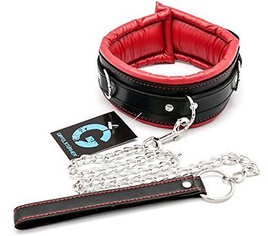 Gipfelstürmer Leder Halsband mit Stahlkette und Karabinerhaken. weiche Polsterung. hi