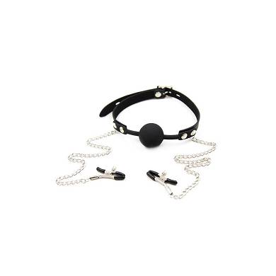 Mund Knebel Silicon Schwartz Mit Brustwarzenklemme Und Kette