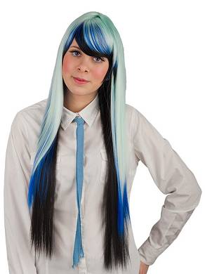 Manga Cosplay Langhaar Perücke mit Pony türkis schwarz