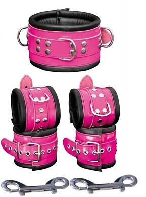 Leder Arm Fuß Manschetten + Halsband Hand Fuß Fesseln Set gepolstert in Rosa