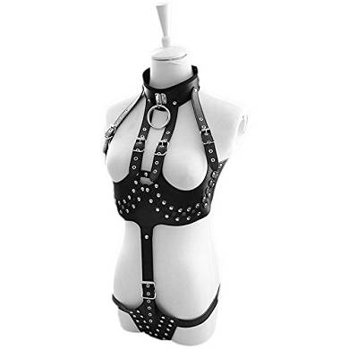 iEFiEL Damen Harness Geschirr Kunstleder Body Unterbrust Korsett Halsband. Fetisch Ouvert