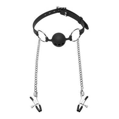 Master Series HINDER luftdurchlässiger Ballknebel + Nippelklemmen. Schwarz