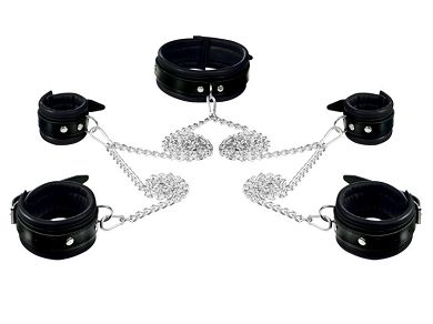 Leder Fessel-Set mit D-Ringe + Kette + Karabiner 5 cm breit