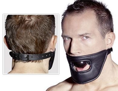 Leder Knebel-Haube Silikonball - OPEN