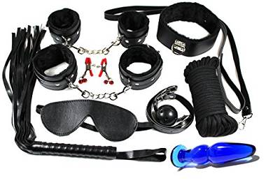 Bondage Set 10 teilig in schwarz mit blauem Glas Plug