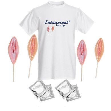 T-Shirt - mit 4 Vagina Lollies und 4 Kondomen - Spezialangebot für den Junggesellenabsch