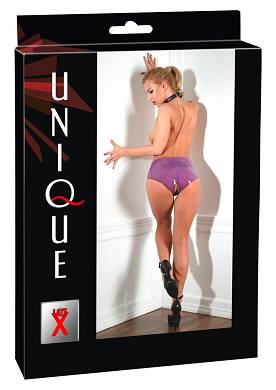 Lilafarbener Latex-Slip mit offenem Schritt