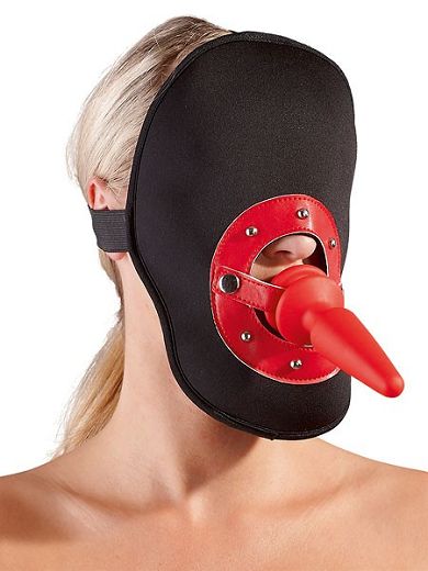 Kopfmaske mit Analplug-Knebel, schwarz/rot