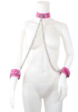 OUCH Leder Halsfessel mit Handfesseln pink
