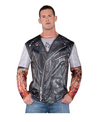 Biker Shirt mit Lederweste & Fake Tattoo Ärmeln