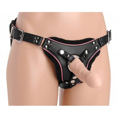 Tief ausgeschnittener Harness aus Leder mit Dildoring