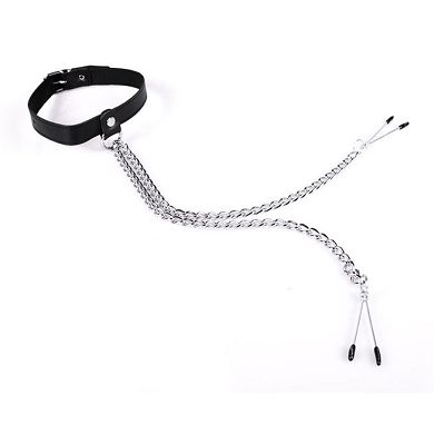Leder Halsband mit Kette und Nippelspangen