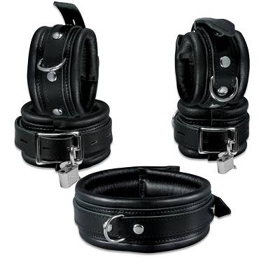 Leder Arm Fuß Manschetten + Halsband Hand Fuß Fesseln Set schwarz abschließbar