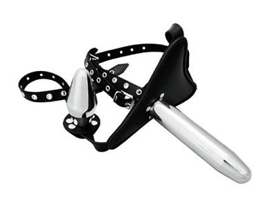 Leder Strap-On mit Alu-Plug und Dildo