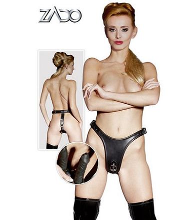 Lederstring mit 2 innenliegenden schwarzen Dildos