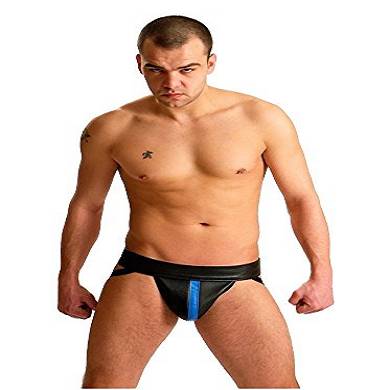 Leder Athletic Jock/Jockstrap – Schwarz mit Blau gestreift