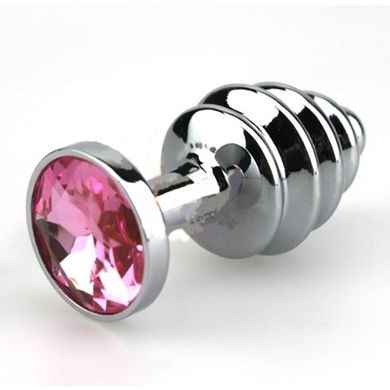  Buttplug Analplug polierter Edelstahl mit pink Kristall - mit anregenden 4 Wlbungen - B