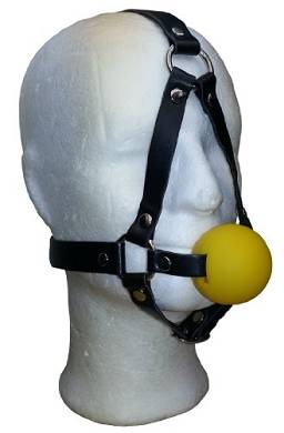 Bondage Harness Leder Mund Knebel mit gelben 45mm Ball Leder Kopfgeschirr Fesseln