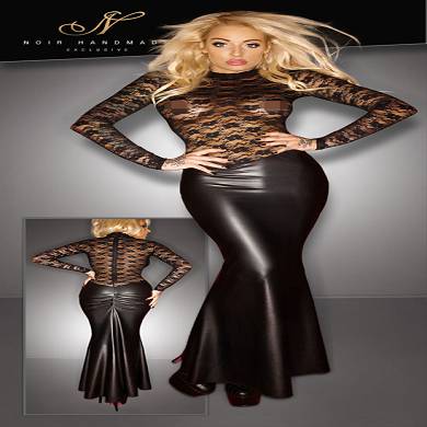 Langes Wetlook Spitzen-Kleid